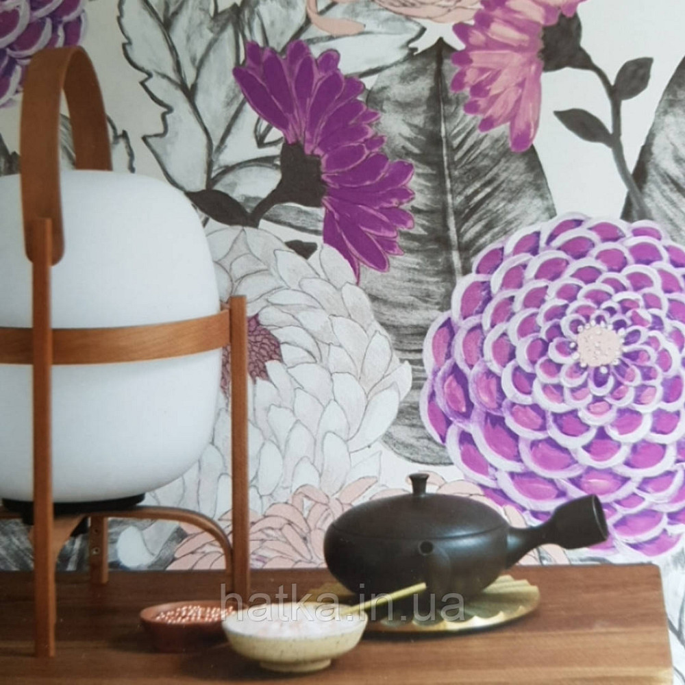 Шпалери вінілові Decopreint Breeze квіти хризантеми великі бузкові рожеві чорні акварель 0.53х10 м Київ - фото 1