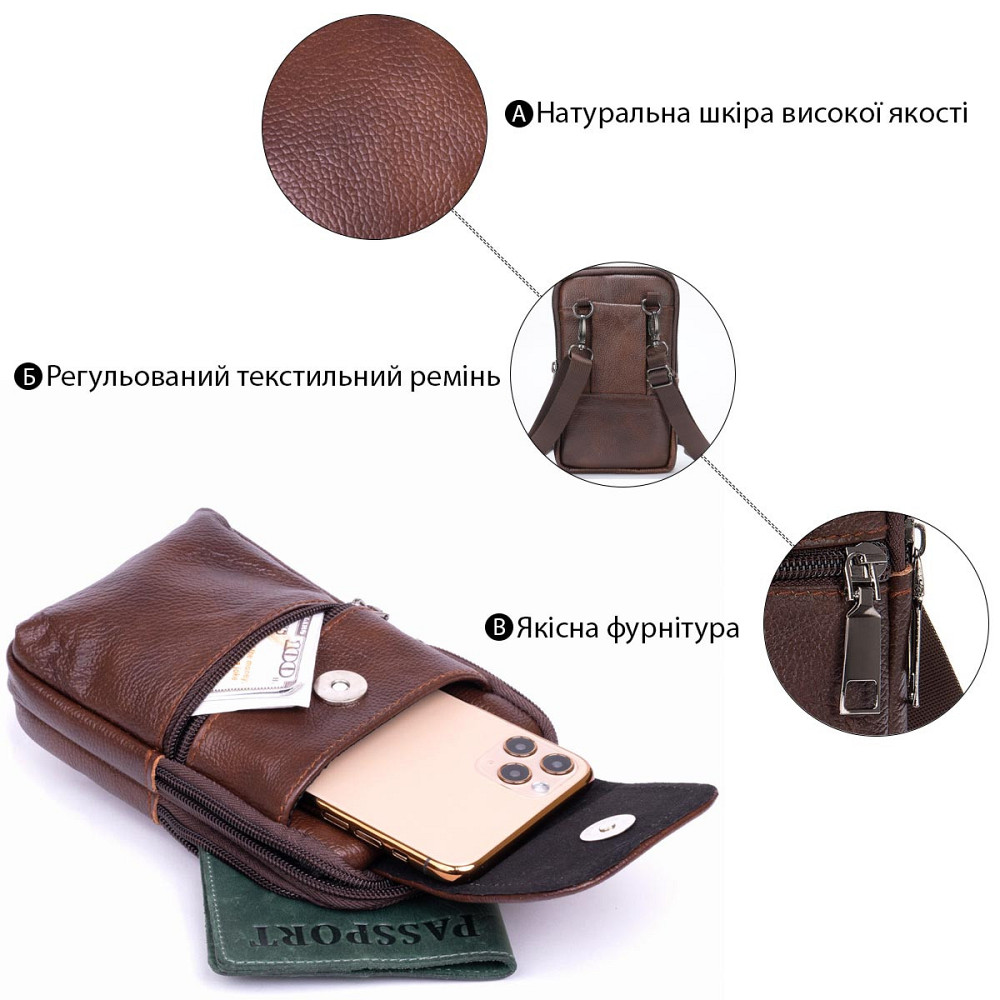 Сумка-барсетка на ремінь брюк шкіряна Коричнева (Vintage) Київ - фото 8