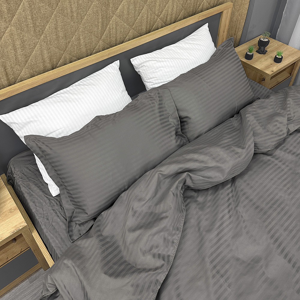 Комплект постільної білизни Страйп-сатин Полуторний з простирадлом на резинці 140х200х25, підковдра 150х220, 2 наволочки 70х70 Темно-сірий (88-208) Київ - фото 1