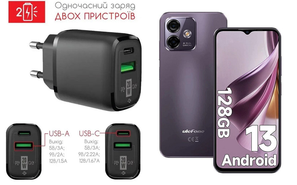 Сетевое зарядное устройство для Ulefone Note 16 Pro, 20W 3A, Quick Charge 3.0 Киев - изображение 1