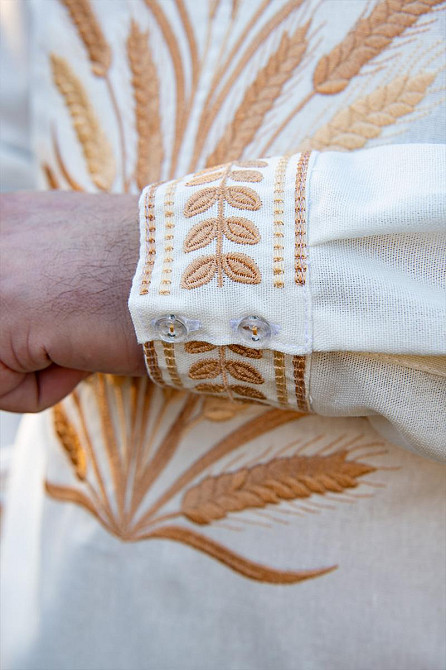 Вышиванка льняная мужская, длинный рукав, молочная, топ Киев - изображение 3