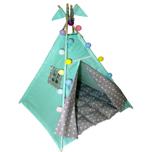 Вігвам Хатка комплект Зірки з м'яким килимком М'ятний з сірим Київ