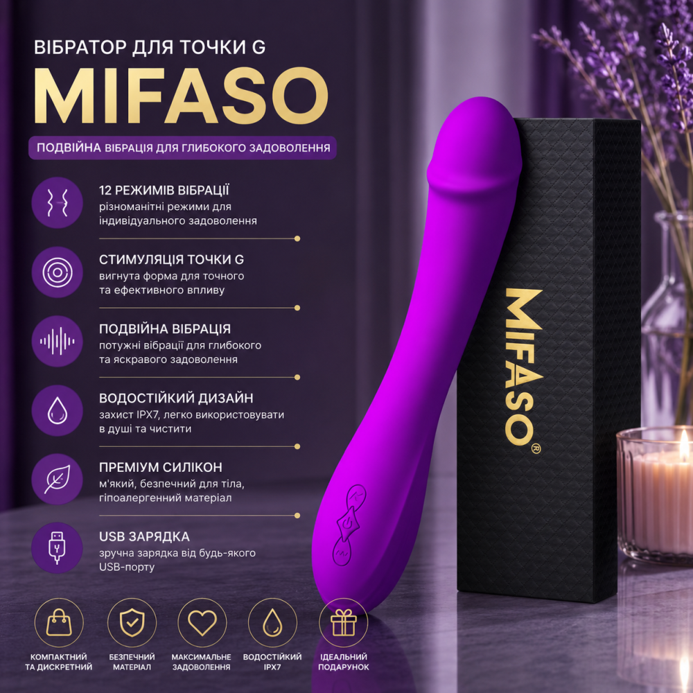 Вібратор для точки G Mifaso: Подвійна вібрація, 12 режимів, Преміум силікон, Водостійкий, Фіолетовий Київ - фото 13