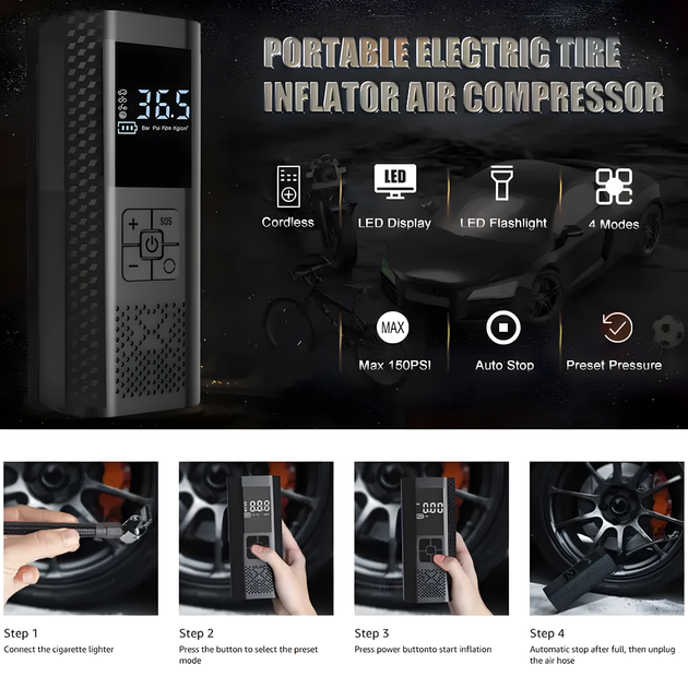 Насос аккумуляторный цифровой AIR VC-029 60W Type-C с фонариком и переходниками Винница - изображение 6