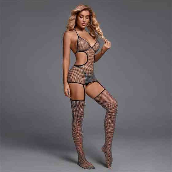 Комплект: Короткий прозорий пеньюар із підв'язками для панчіх і панчохами — S/M/L — Еротична білизна Вінниця