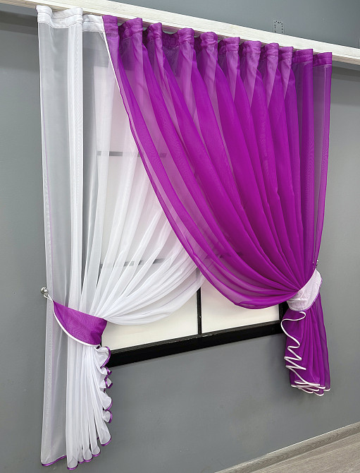 Кухонные шторки VR-Textil № 060к «Дуэт» с подвязками фуксия с белым 330х170 см (52-1206) Киев - изображение 2