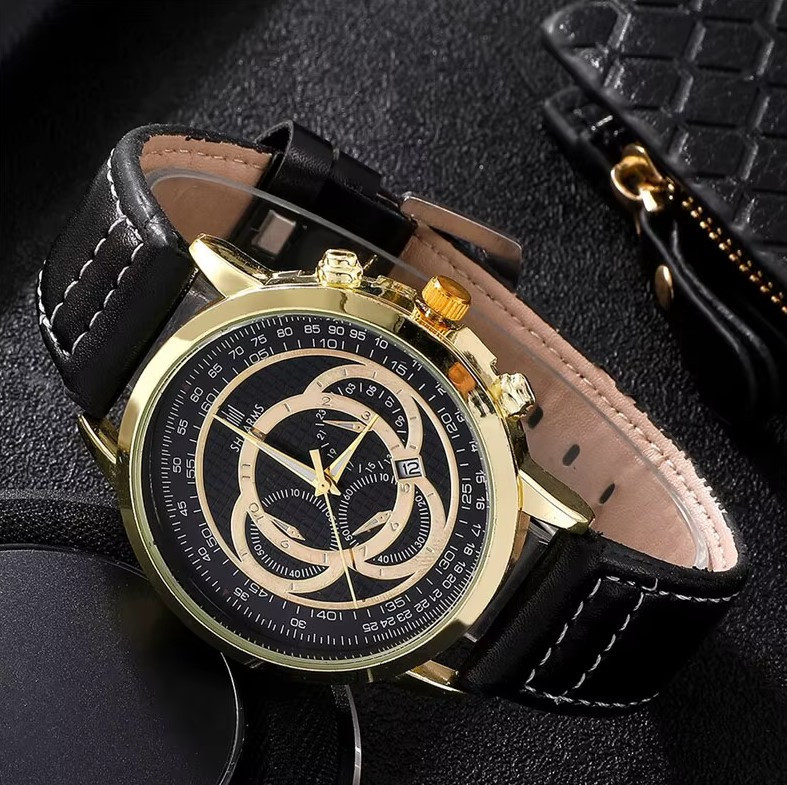 Чоловічий подарунковий набір Prestige Drive кварцовий годинник у золотистому корпусі та стильний браслет чорний Київ - фото 1