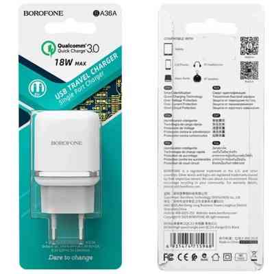 Зарядное устройство BOROFONE BA36A High Speed USB QC3.0 + cable USB to USB-C 18W White (6931474715975) Винница