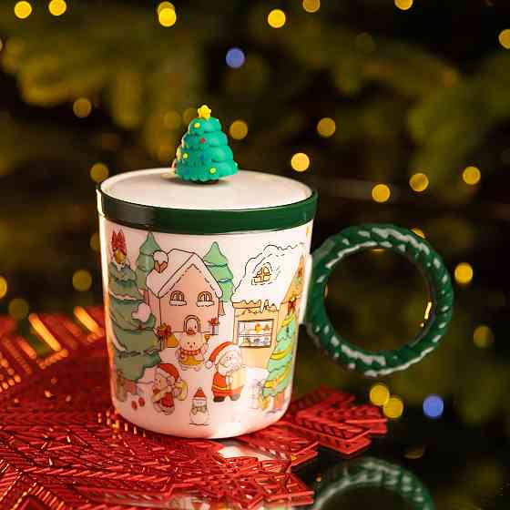 Чашка порцелянова з кришкою Ялинка 400 (мл) Зелена Yiwu FM-CS-36B Коломия