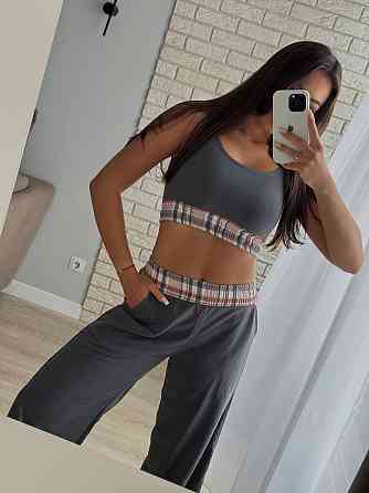 Женский прогулочный костюм тройка: рубашка в клетку топ и штаны фланель + двунитка Розовый, 46/48 Одесса