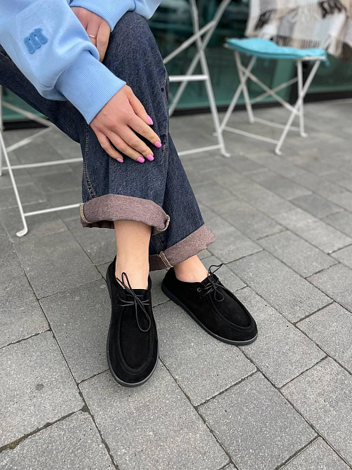 Arcoboletto Топсайдери жіночі на низькому ходу з натуральної замші на шнурівці чорні демісезонн Коломия - фото 2