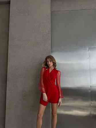 Жіночий стильний елегантний комбінезон креп дайвінг+сітка Червоний, 42/44 Одеса