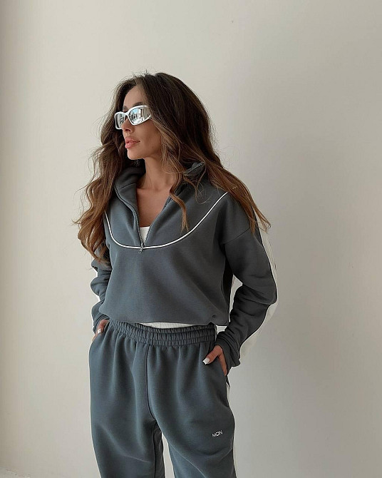 Жіночий теплий прогулянковий костюм-двійка з кантом тринитка на флісі Графіт, 46/48 Одеса - фото 2