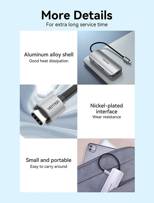USB-хаб Vention USB-C з HDMI, USB 3.0, SD/TF, 0.15M, Сірий Київ - фото 3