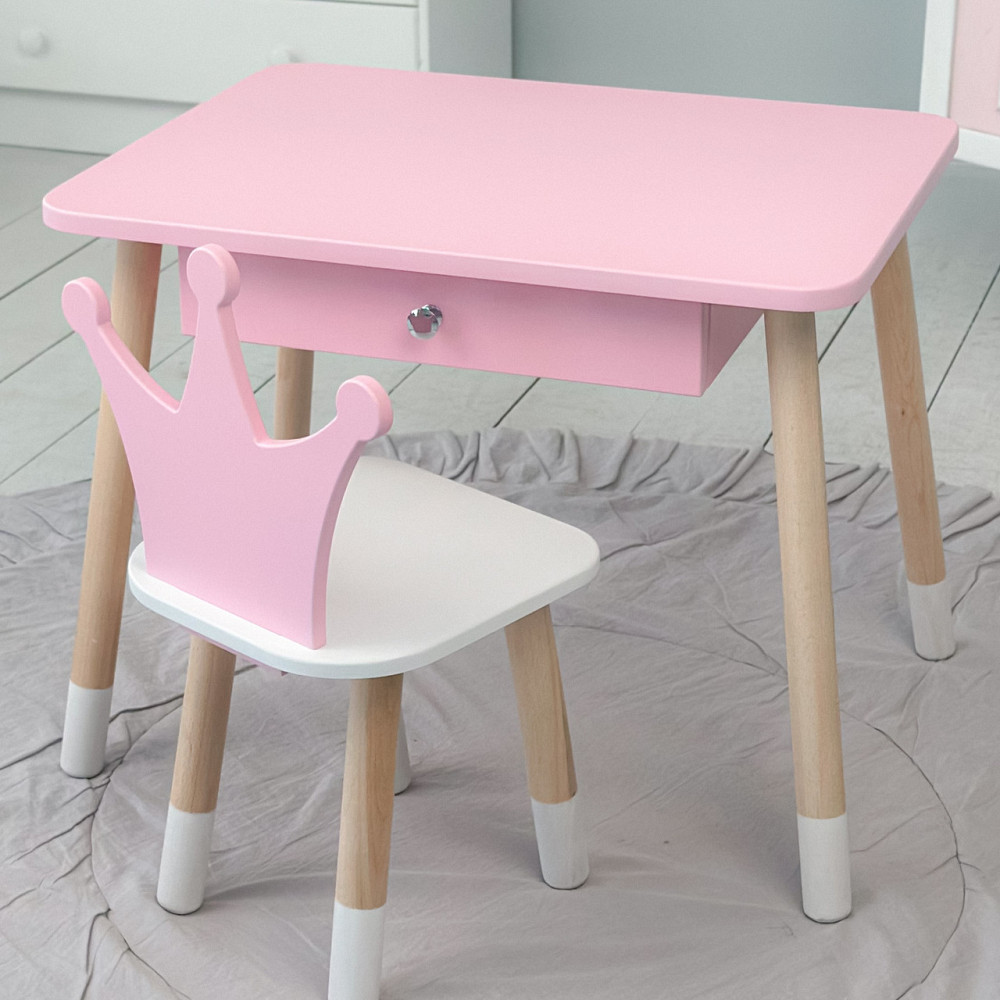 Стіл прямокутний з ящиком 46х60х45 і стілець корона 26х26х24, столик та стільчик в дитячу, рожевий з білим Кам'янське - фото 20