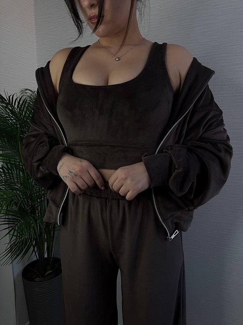 Женский стильный повседневный плюшевый костюм тройка Шоколад, 46/48 Одесса - изображение 9