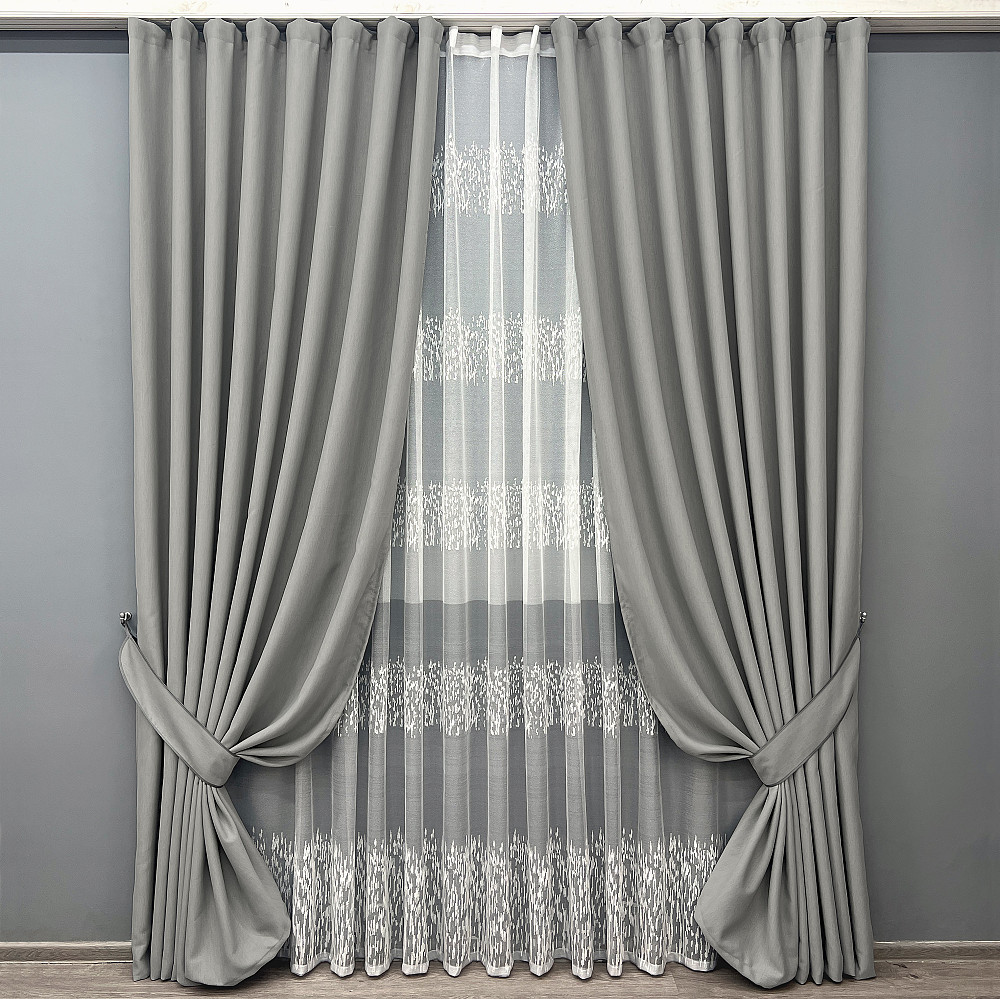 Комплект штор VR-Textil блекаут Scandi 100х270 2шт і Тюль 400х270 1900ш-1675т Сірий з білим 71-172/2 Київ - фото 1