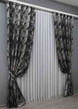 Комплект готовых штор VR-Textil Мрамор Al-7 № 1461ш Серый с черным и какао 150х290 см 2 шт (33-0328) Киев