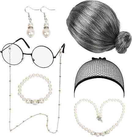 Парик седой бабушки с гулькой, комплект для образа старой леди с очками, бусами, серьгами для выступов косплея Киев