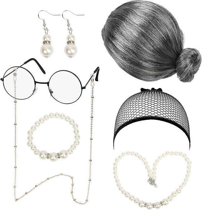 Парик седой бабушки с гулькой, комплект для образа старой леди с очками, бусами, серьгами для выступов косплея Киев - изображение 1