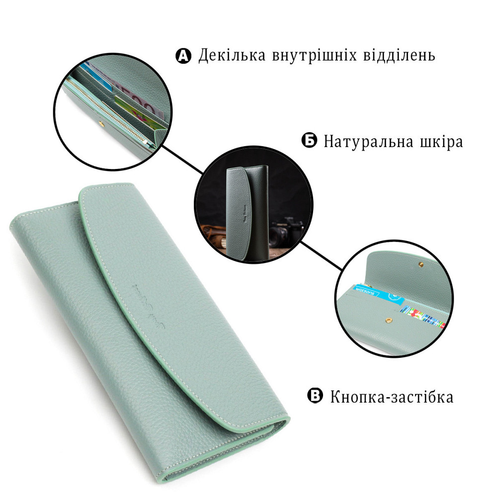 Превосходный женский кошелек с монетницей на молнии из натуральной кожи Tony Bellucci 21968 Серо-зеленый Киев - изображение 4