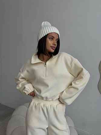 Жіночий теплий костюм-двійка в спортивному стилі турецький двосторонній фліс Молочний, 46/48 Одеса