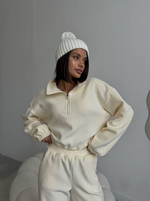Жіночий теплий костюм-двійка в спортивному стилі турецький двосторонній фліс Молочний, 46/48 Одеса - фото 2