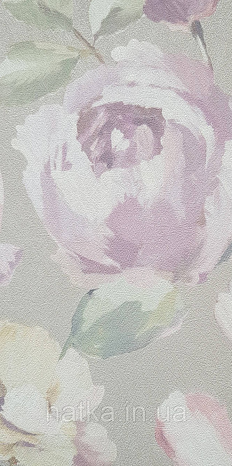 Обои виниловые на флизелине Grandeco Universe 5 цветы пионы крупные яркие сиреневые на сером Київ - фото 2