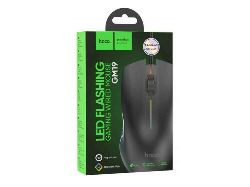 Мишка дротова USB ігрова GM19 RGB/3 кнопки/1000DPI чорна 1,4м (11) ТМ HOCO Solmir Київ - фото 1