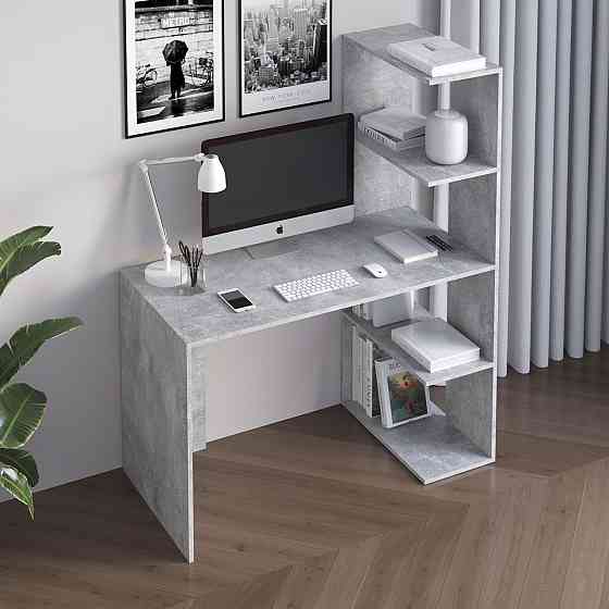 Комп’ютерний стіл VAYS M-17 Бетон, письмовий з боковим стелажем зправа, ЛДСП, 120×60×148 см - для дому, навчання, офісу Львів