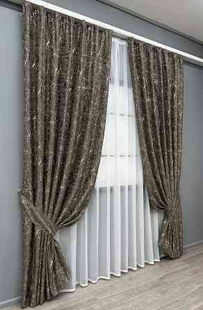 Комплект готових штор VR-Textil Льон мармур Royal Touch № 2008ш Сіро-коричневий 150х270 см 2 шт (33-1301) Київ