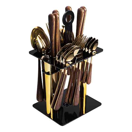 Набір столових приборів на 6 персон з дерев'яними ручками на підставці столові прибори 24 шт Золото HP-20-2 Коломия