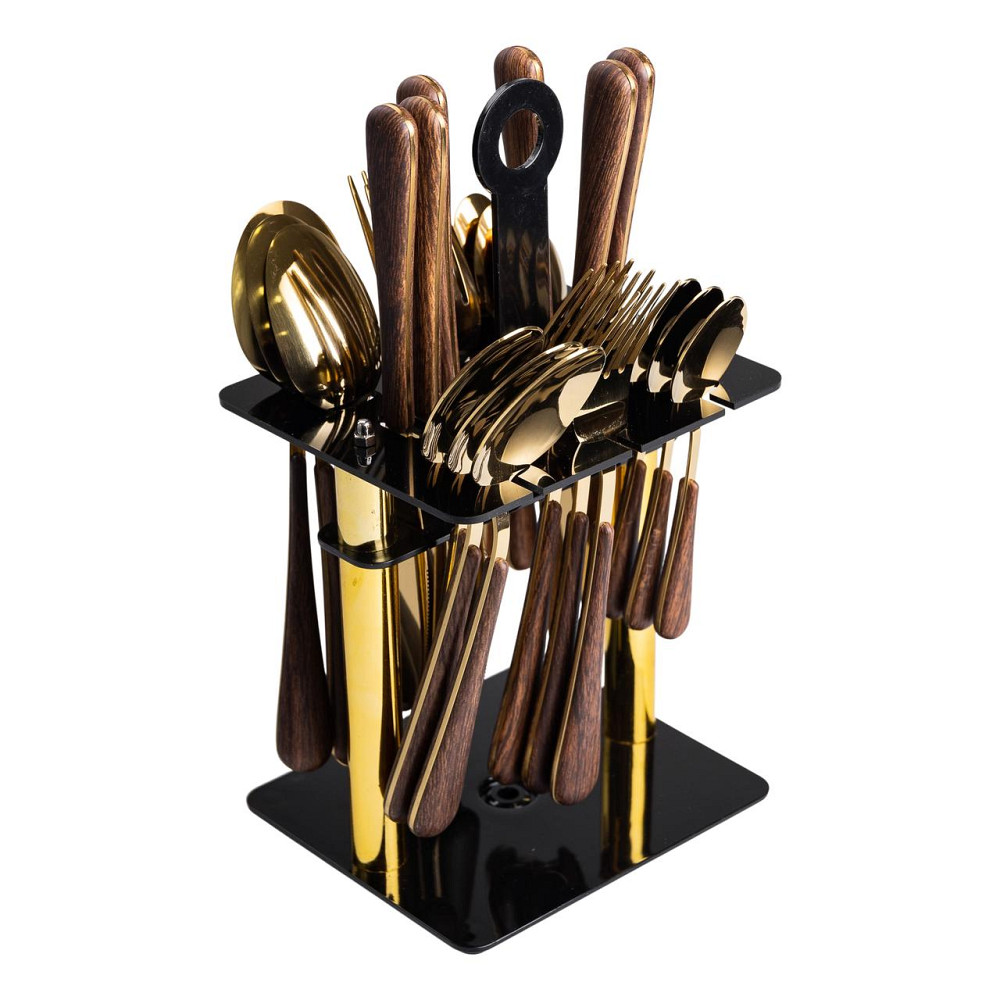 Набір столових приборів на 6 персон з дерев'яними ручками на підставці столові прибори 24 шт Золото HP-20-2 Коломия - фото 2