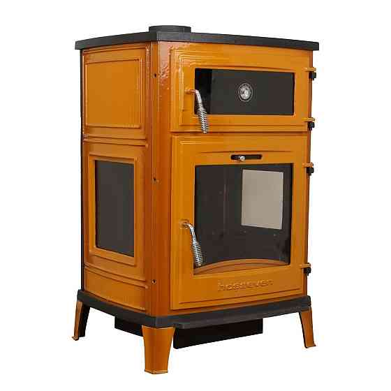 Піч-камін чавунна на дровах з духовкою Hosseven 8000E 13 кВт три скла верхній димохід жовта Київ