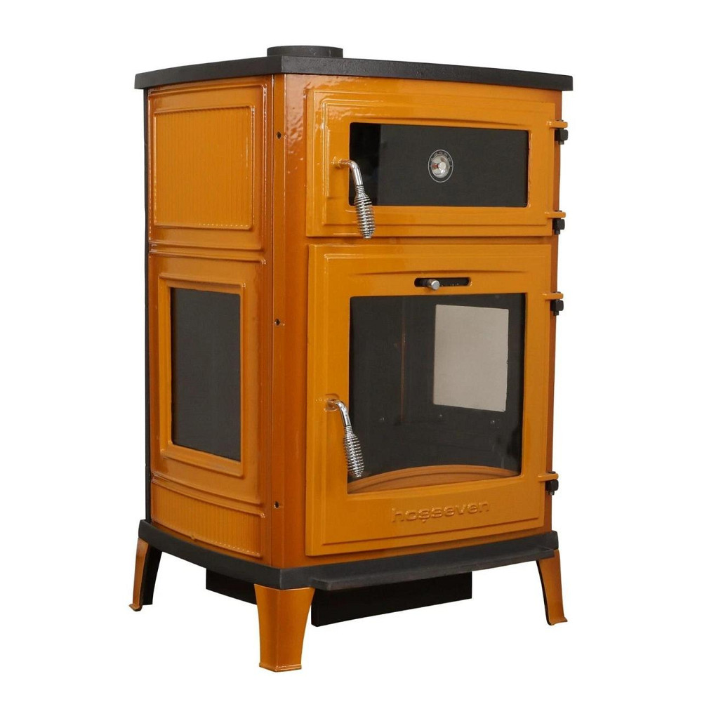 Піч-камін чавунна на дровах з духовкою Hosseven 8000E 13 кВт три скла верхній димохід жовта Тернопіль - фото 1
