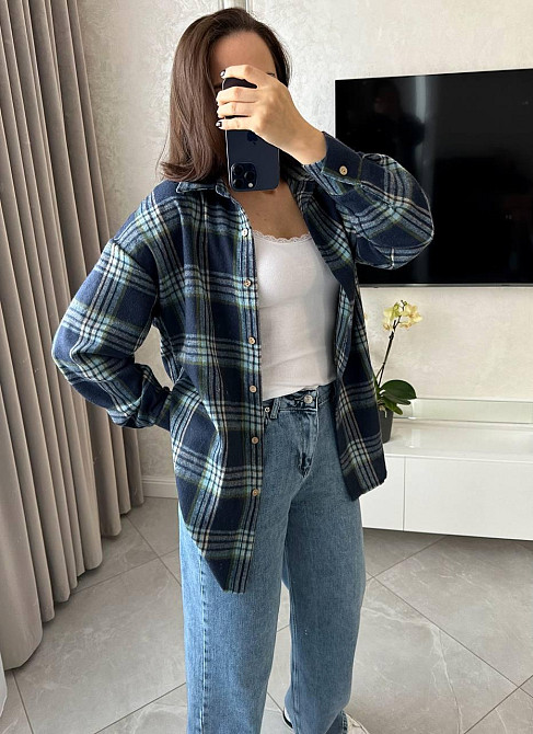 Женская повседневная рубашка в клетку на пуговицах Синий, 54/58 Одесса - изображение 6