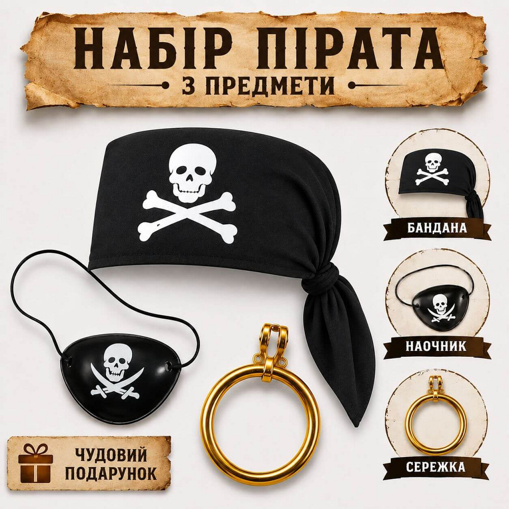 Набор пирата ДЕТСКИЙ 3 предмета: бандана черная, наглазник, серьга на клипсе Киев - изображение 7