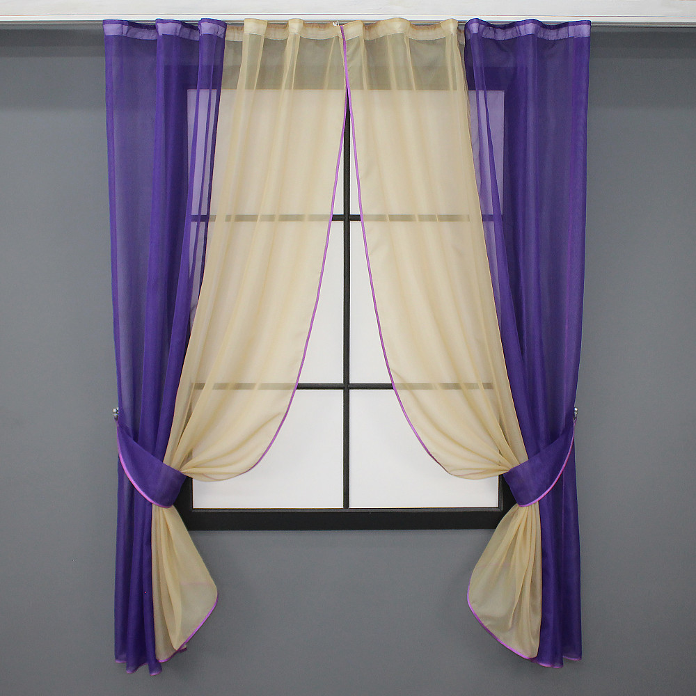 Кухонні штори VR-Textil № 017к комбіновані з підв'язками фіолетовий з темно-бежевим 265х170 см (50-235) Київ - фото 1