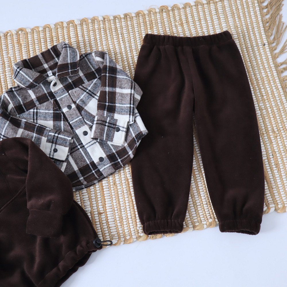 Коричневый теплый детский комплект из флиса тедди (рубашка в клетку+толстовка+брюки) Каменец-Подольский - изображение 7