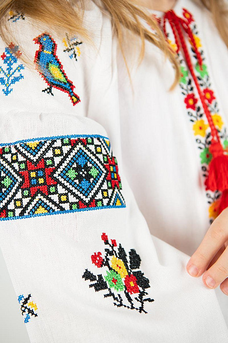 Вышиванка для девочек, белая, льняная, с длинным рукавом, топ Киев - изображение 3