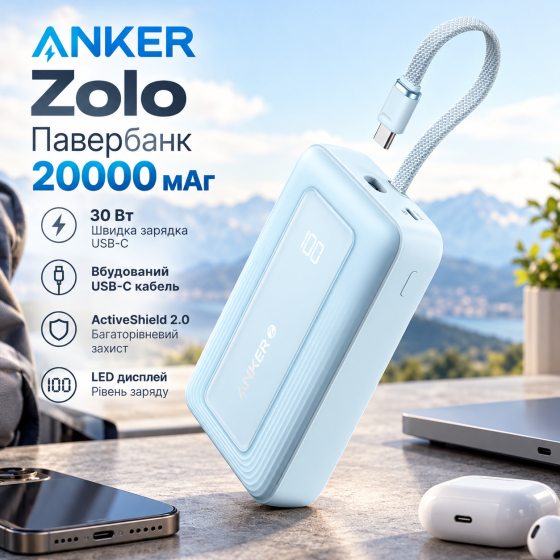 Повербанк Anker Zolo 20000 мАч 30 Вт, быстрая зарядка USB-C, встроенный кабель, ActiveShield 2.0, синий Киев