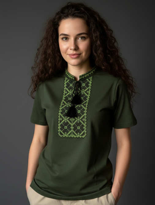 Жіноча футболка-вишиванка кольору хакі із салатово-чорним орнаментом 3XL Київ - фото 1