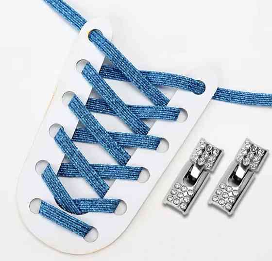 Шнурки эластичные глиттерные с металлической застежкой со стразами Блакитий Смела