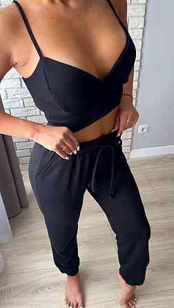 Женский повседневный прогулочный костюм тройка: кофта топ и штаны двунить 46/48, Черный Одесса