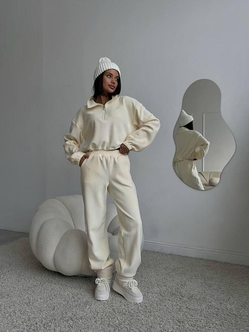 Жіночий теплий костюм-двійка в спортивному стилі турецький двосторонній фліс Молочний, 46/48 Одеса - фото 1