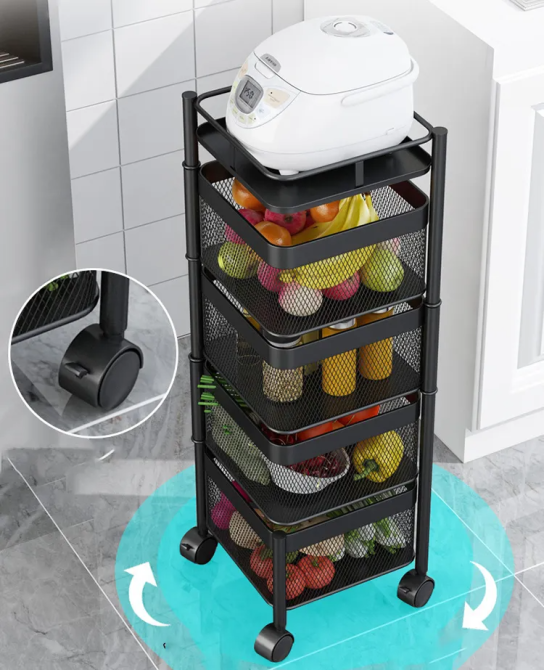 Металлический напольный стеллаж на колесиках для хранения кухонных вещей, полка этажерка, черный цвет Каменец-Подольский - изображение 5