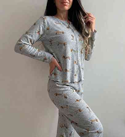 Жіноча затишна трикотажна піжама подвійна з принтом Сірий, 48 Одеса