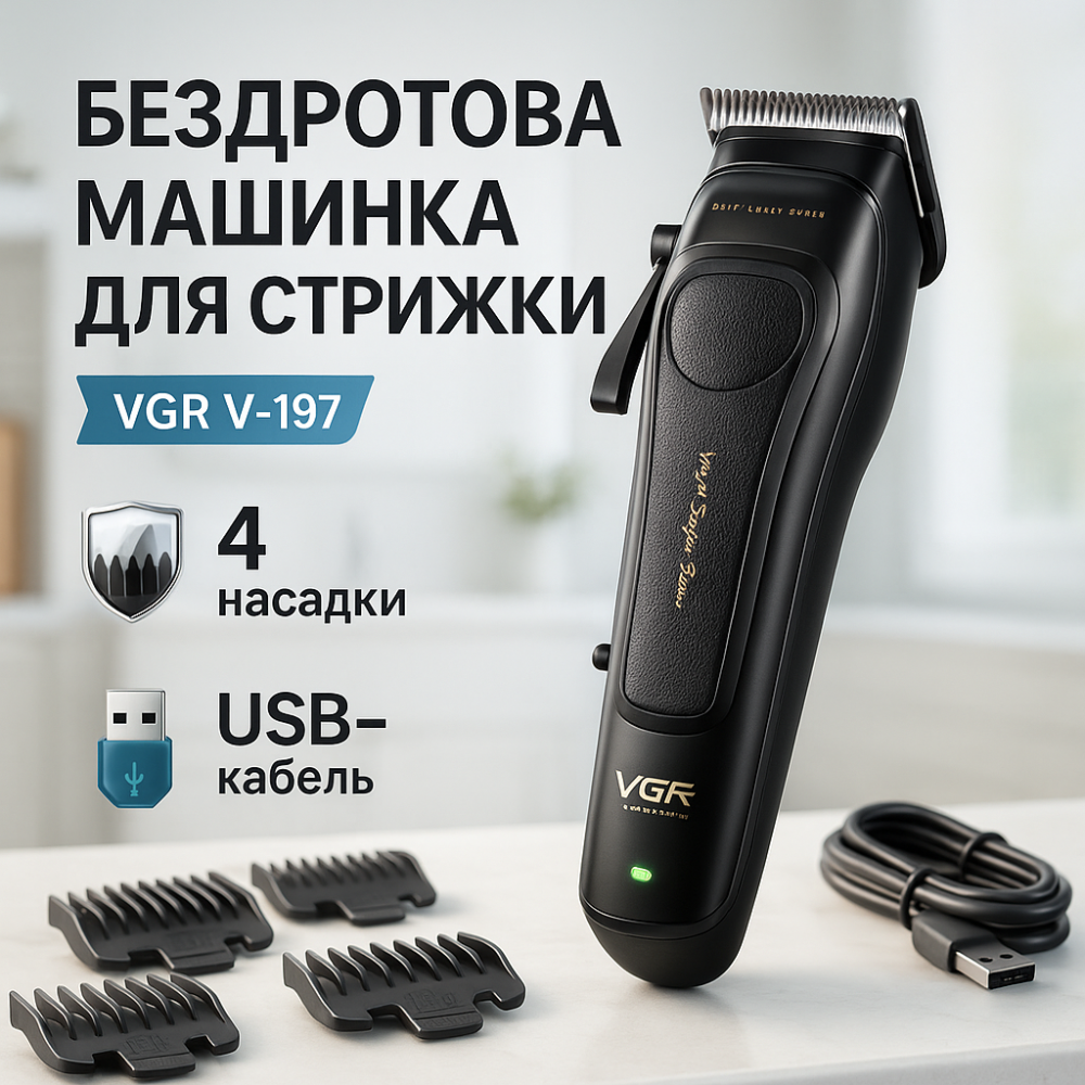 Бездротова машинка для стрижки волосся VGR V-197, Професійна машинка для гоління голови RZ-37 Львів - фото 17