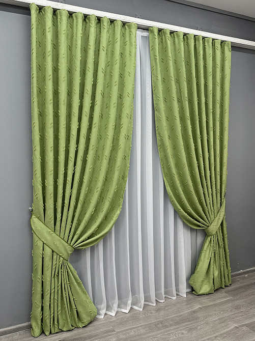 Комплект штор VR-Textil Лен Букле № 1889ш Оливковый 150х290 см 2 шт (33-0922) Киев - изображение 3