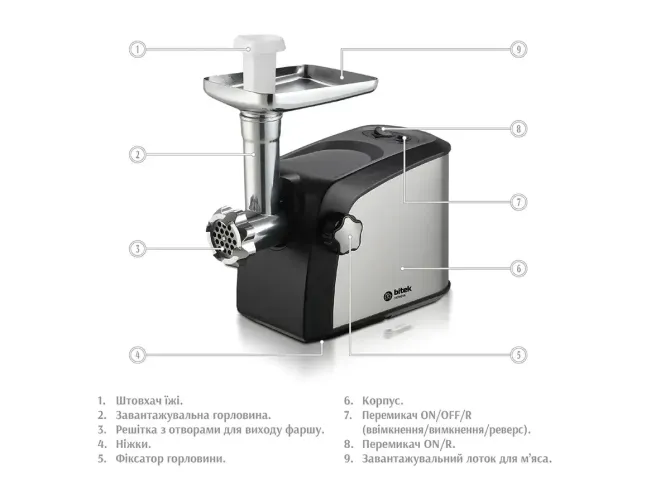 Электрическая мясорубка BITEK BT-3700 4200 Вт с насадками для колбас, кеббе, овощерезкой и соковыжим Киев - изображение 5